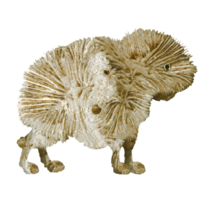 An illustration of a stylized creature resembling a furry animal, with a textured, fluffy body and an expressive face, depicted in a light beige color.